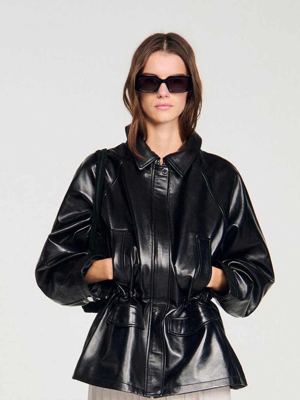 Sandro "Ashley" Smooth Leather Jacket in Black, size 36 (fits oversize, like S-M
